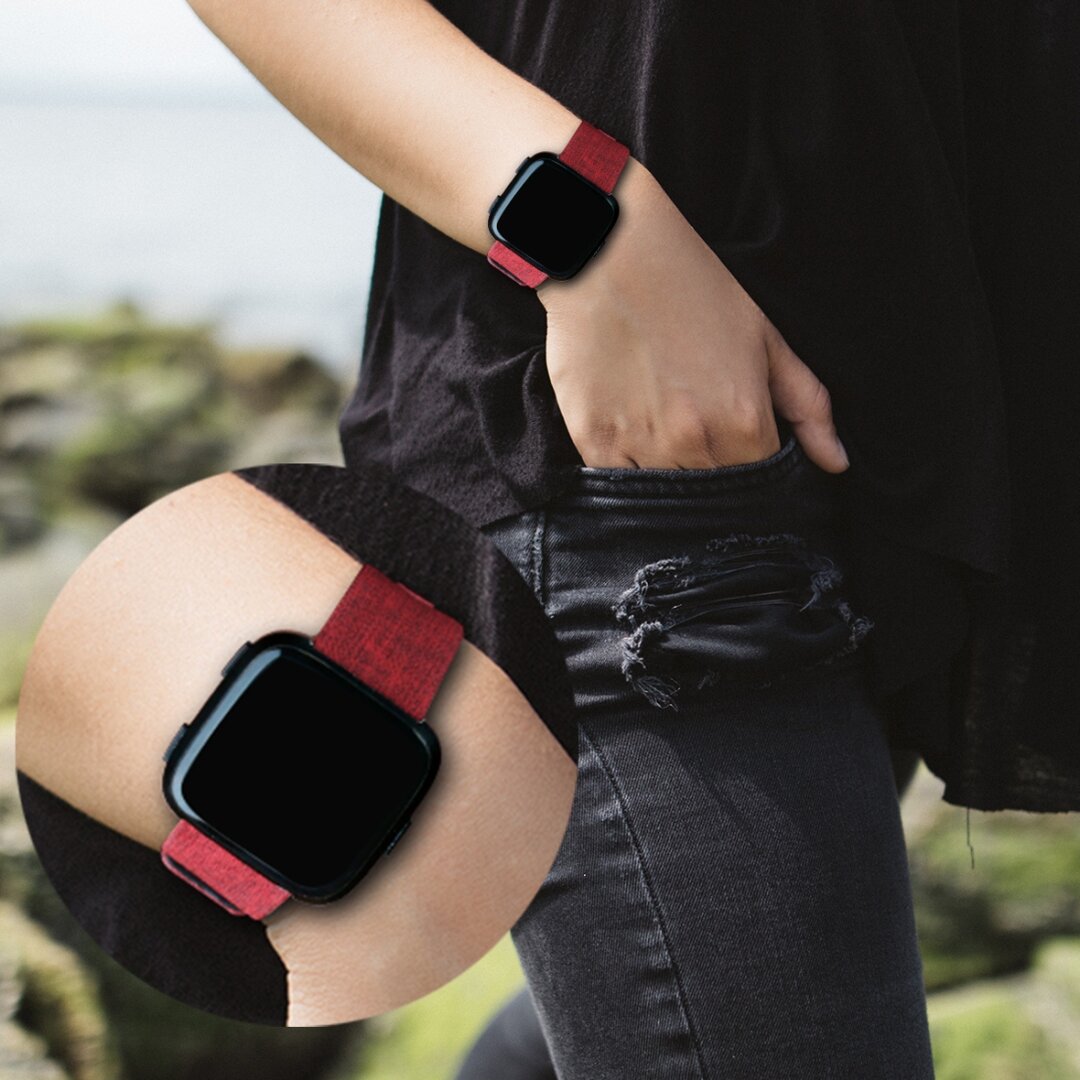 Fitbit Versa 1 / 2 &amp; Lite Canvas denim nylon bandje - Rood