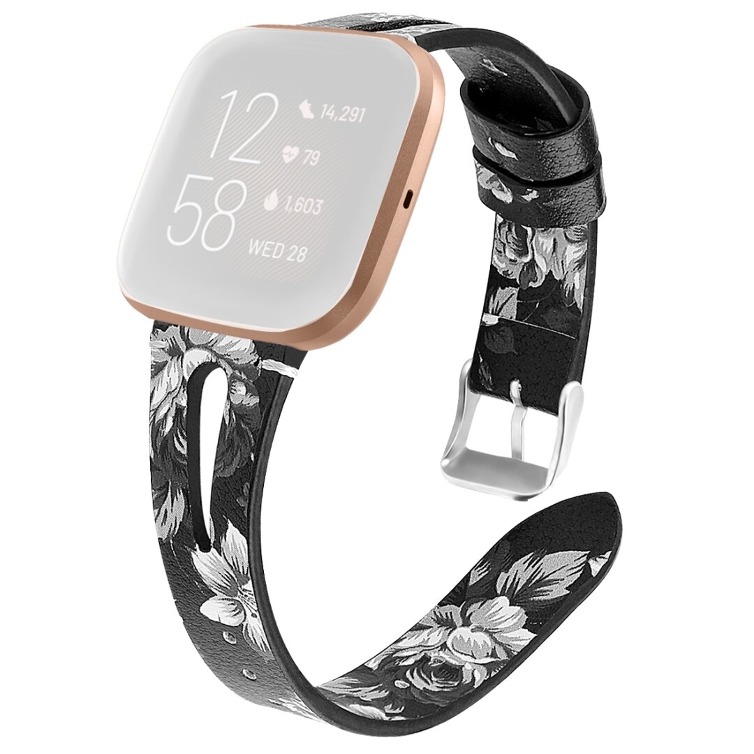 Fitbit Versa 1 / 2 &amp; Lite bandje TPU leer - Bloemenprint zwart