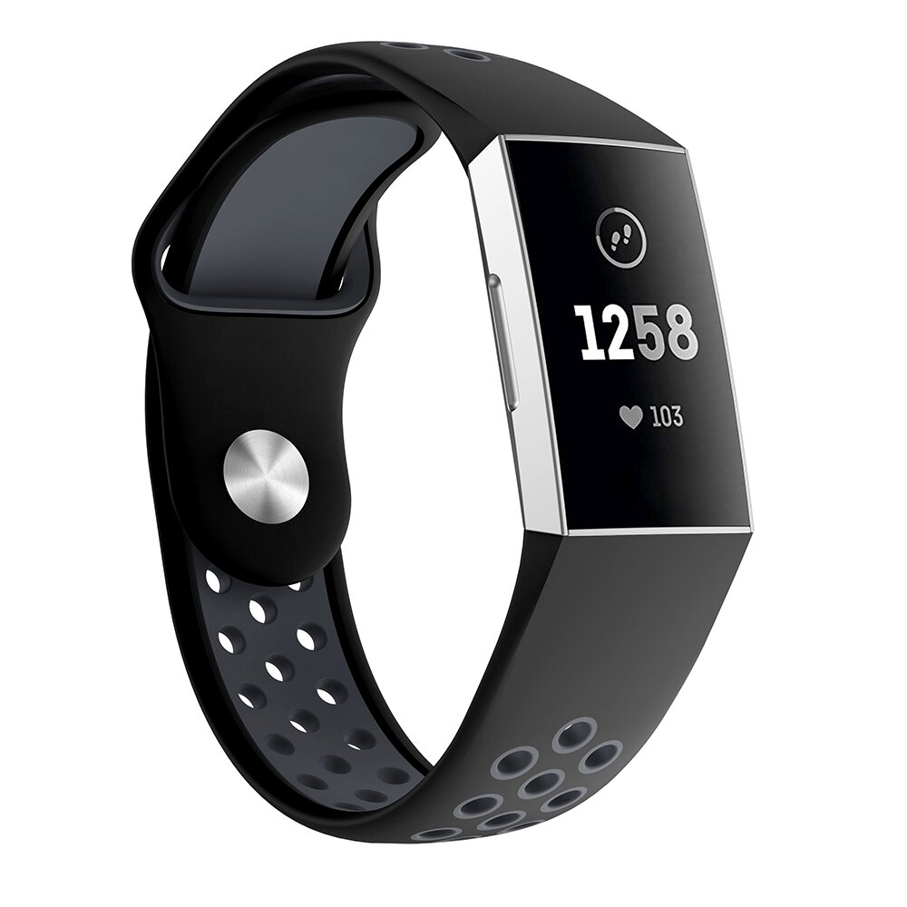 Fitbit Charge 3 &amp; 4 siliconen DOT bandje - Zwart + Grijs - Maat: Large