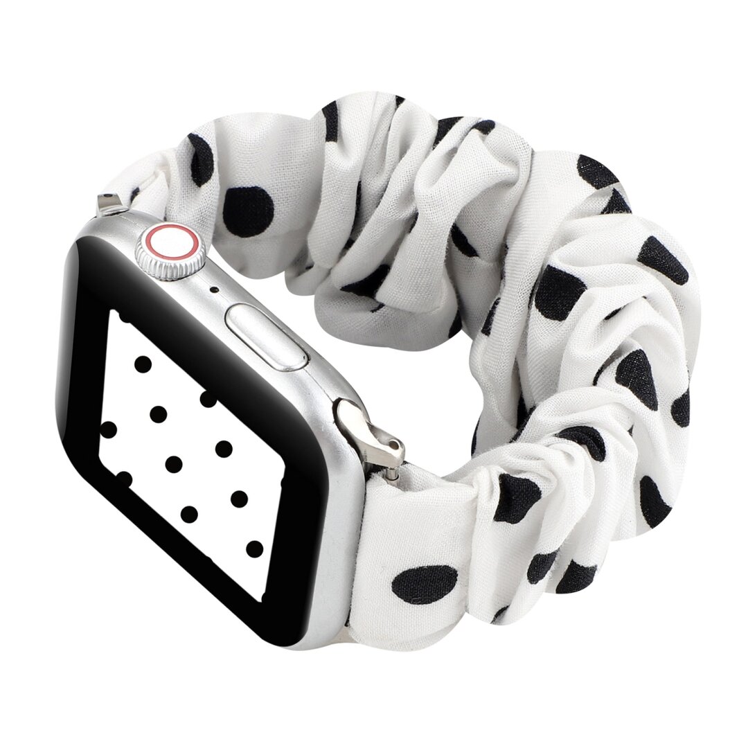Elastisch scrunchie nylon bandje - Zwarte stippen - Geschikt voor Apple Watch 38mm / 40mm / 41mm / 42mm