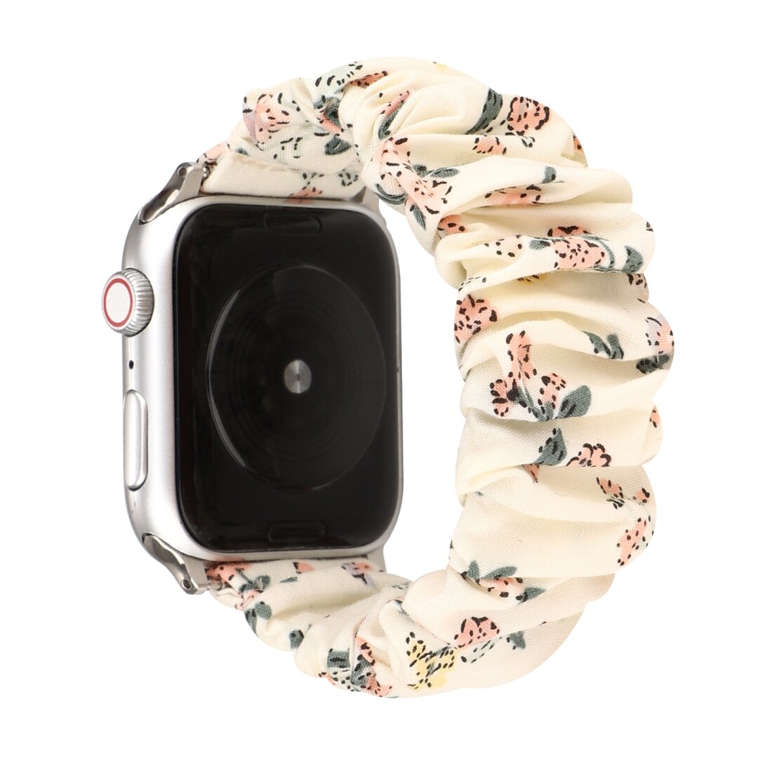 Elastisch scrunchie nylon bandje - Bloemenprint licht - Geschikt voor Apple Watch 38mm / 40mm / 41mm / 42mm