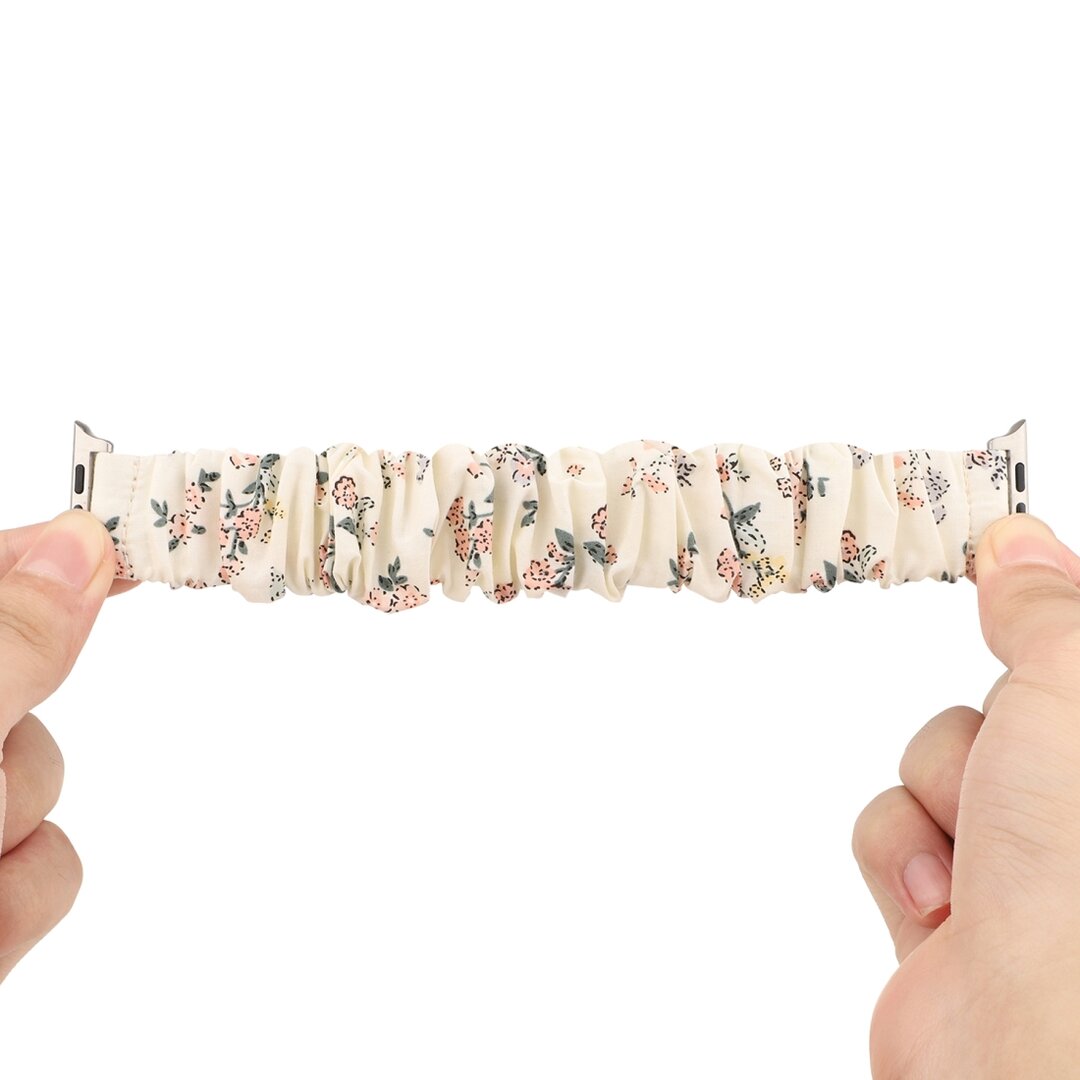 Elastisch scrunchie nylon bandje - Bloemenprint licht - Geschikt voor Apple Watch 38mm / 40mm / 41mm / 42mm