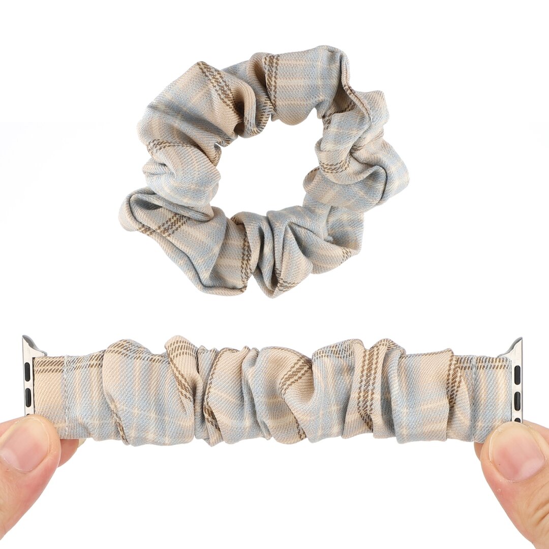Elastisch scrunchie nylon bandje - Khaki / Lichtblauw - Geschikt voor Apple Watch 38mm / 40mm / 41mm / 42mm