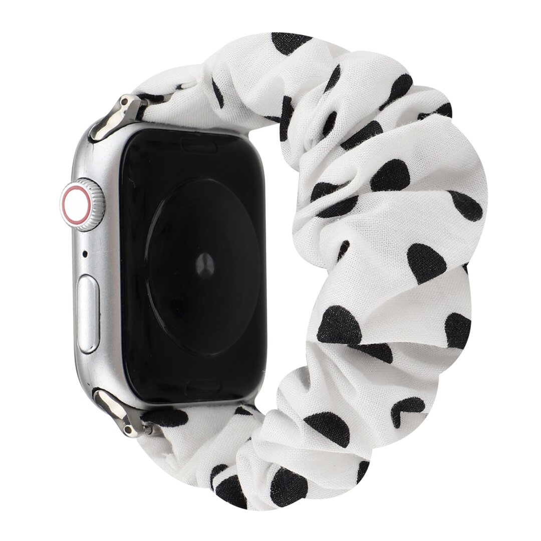 Elastisch scrunchie nylon bandje - Zwarte stippen - Geschikt voor Apple Watch 44mm / 45mm&nbsp;/ 46mm / 49mm