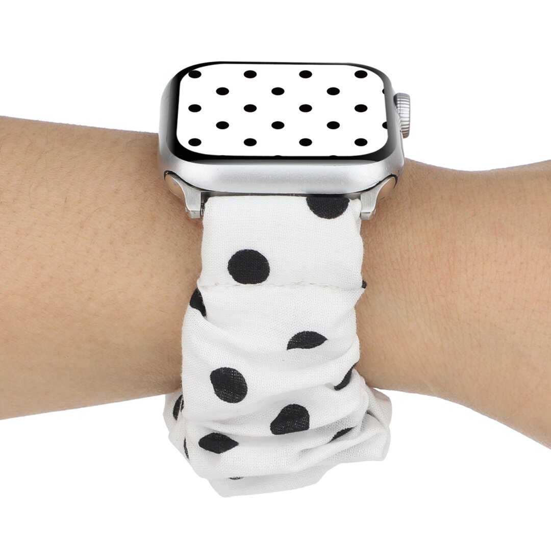 Elastisch scrunchie nylon bandje - Zwarte stippen - Geschikt voor Apple Watch 44mm / 45mm&nbsp;/ 46mm / 49mm