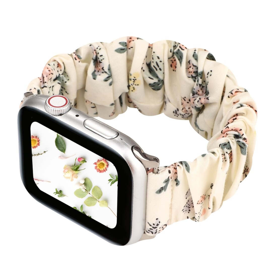 Elastisch scrunchie nylon bandje - Bloemenprint licht - Geschikt voor Apple Watch 44mm / 45mm&nbsp;/ 46mm / 49mm