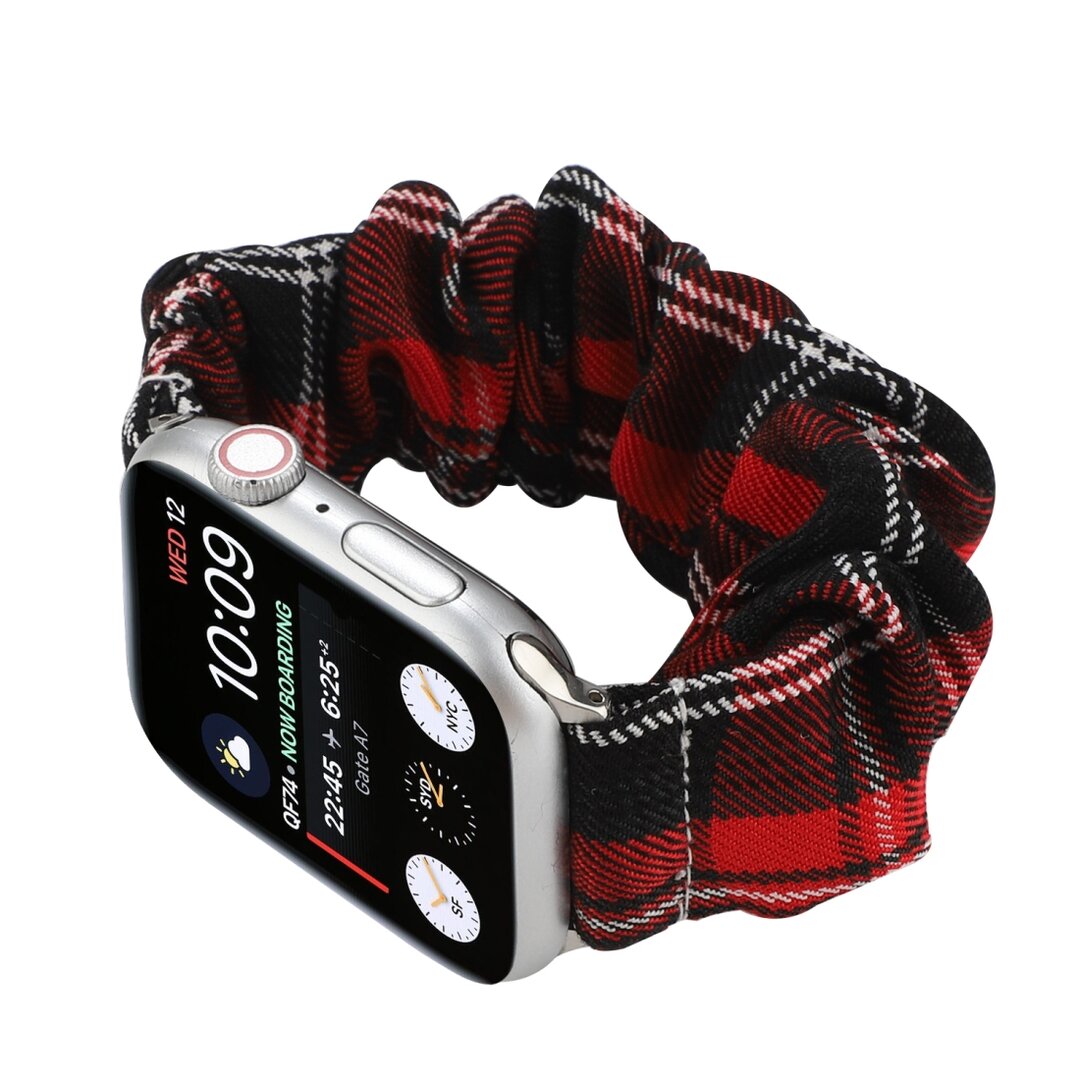 Elastisch scrunchie nylon bandje - Rood / Zwart - Geschikt voor Apple Watch 44mm / 45mm&nbsp;/ 46mm / 49mm