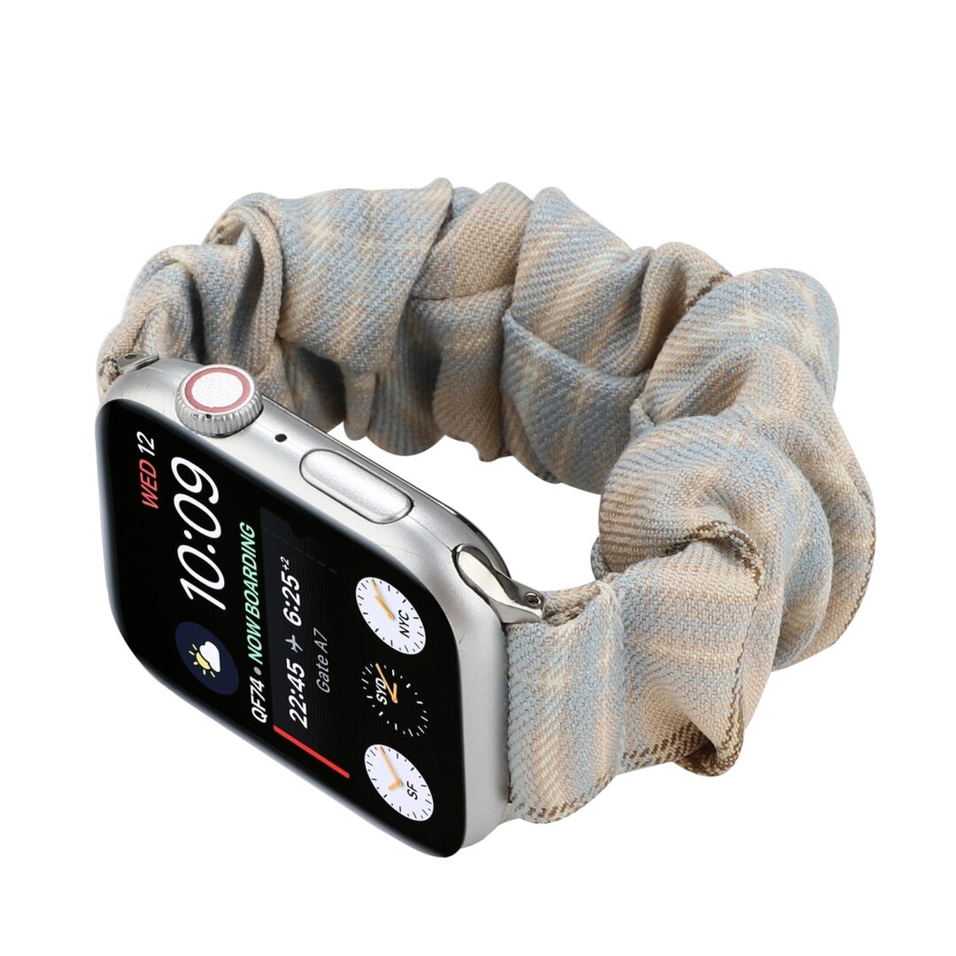 Elastisch scrunchie nylon bandje - Khaki / Lichtblauw - Geschikt voor Apple Watch 44mm / 45mm&nbsp;/ 46mm / 49mm