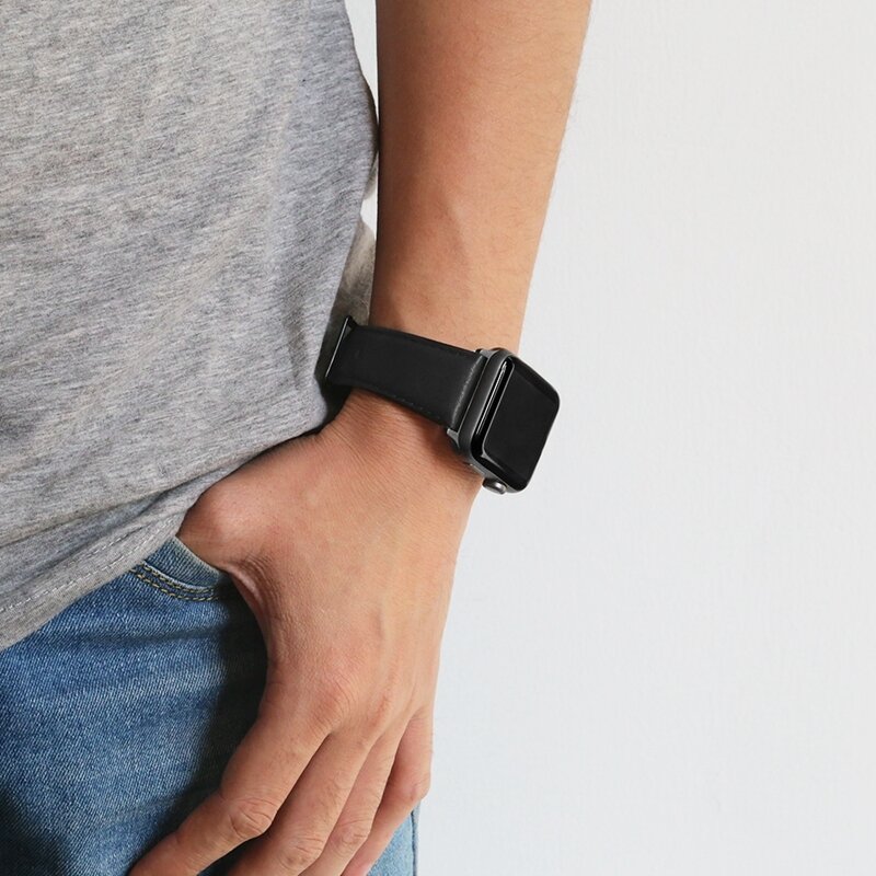 Luxe Echt Lederen bandje - Zwart - Geschikt voor Apple Watch 38mm / 40mm / 41mm / 42mm