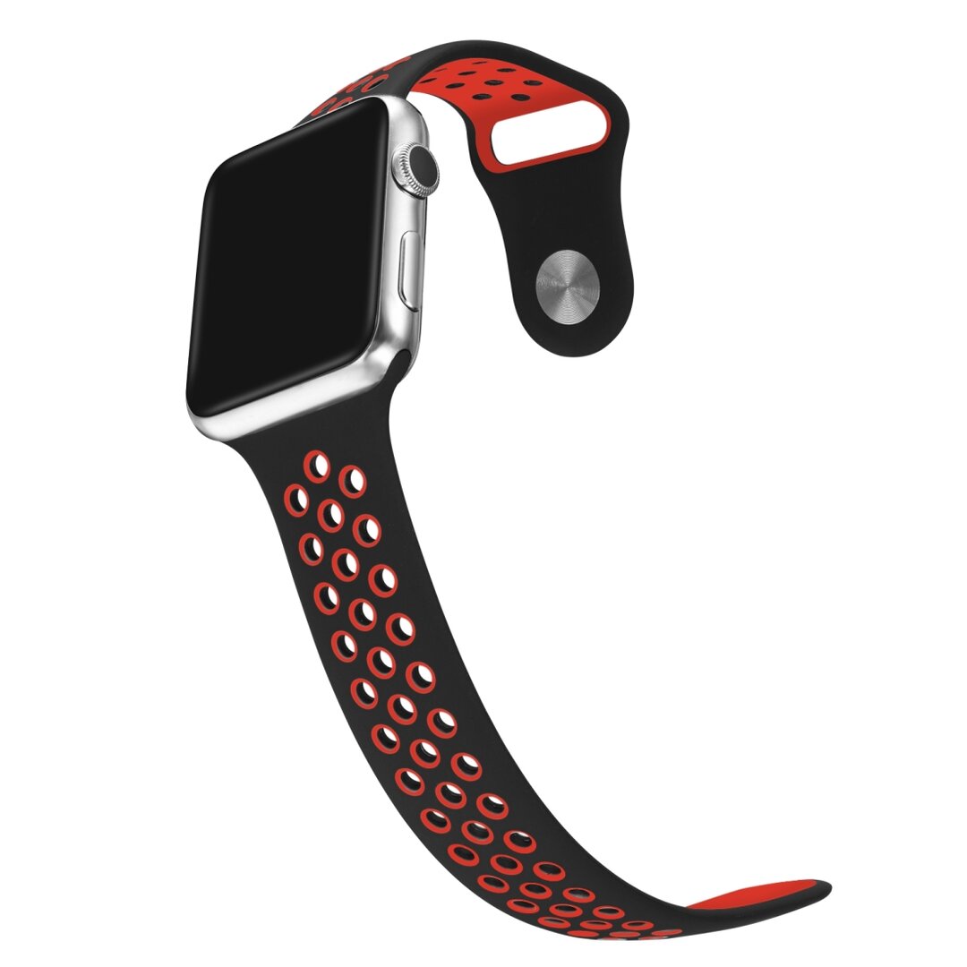 Sportbandje - Maat: S/M - Zwart + Rood - Geschikt voor Apple Watch 38mm / 40mm / 41mm / 42mm