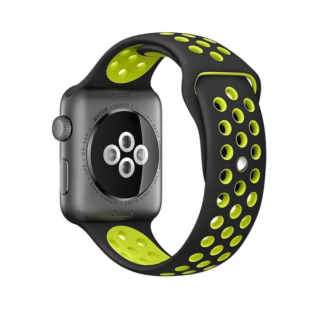 Sportbandje - Maat: S/M - Zwart + Geel - Geschikt voor Apple Watch 44mm / 45mm&nbsp;/ 46mm / 49mm