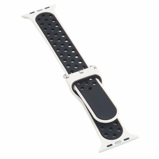 Siliconen sportband met gesp - Cr&egrave;me wit + Zwart - Geschikt voor Apple Watch 44mm / 45mm&nbsp;/ 46mm / 49mm