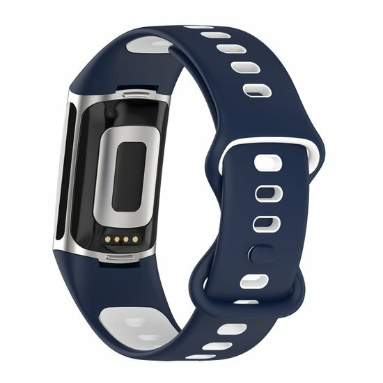 FitBit Charge 5 &amp; 6 Sportbandje met dubbele lus - Donkerblauw / wit - Tweekleurig - Maat: L