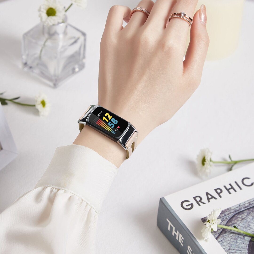 Fitbit Charge 5 &amp; 6 bandje - PU leather - Beige