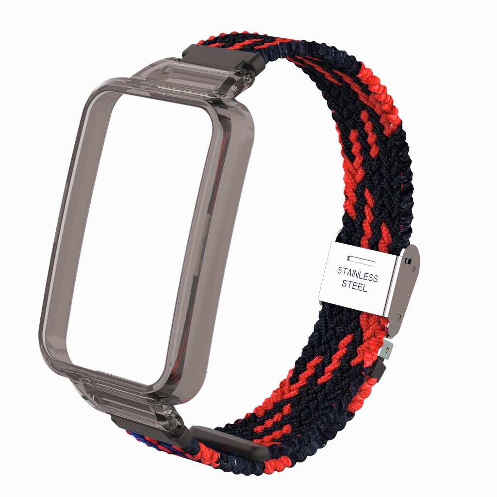 Braided nylon bandje met case - Zwart met rood - Xiaomi Smart band 7 Pro