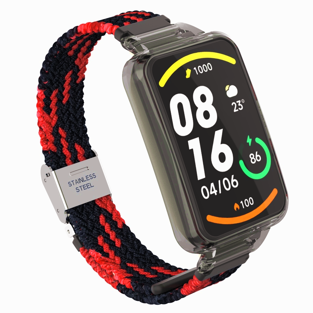 Braided nylon bandje met case - Zwart met rood - Xiaomi Smart band 7 Pro