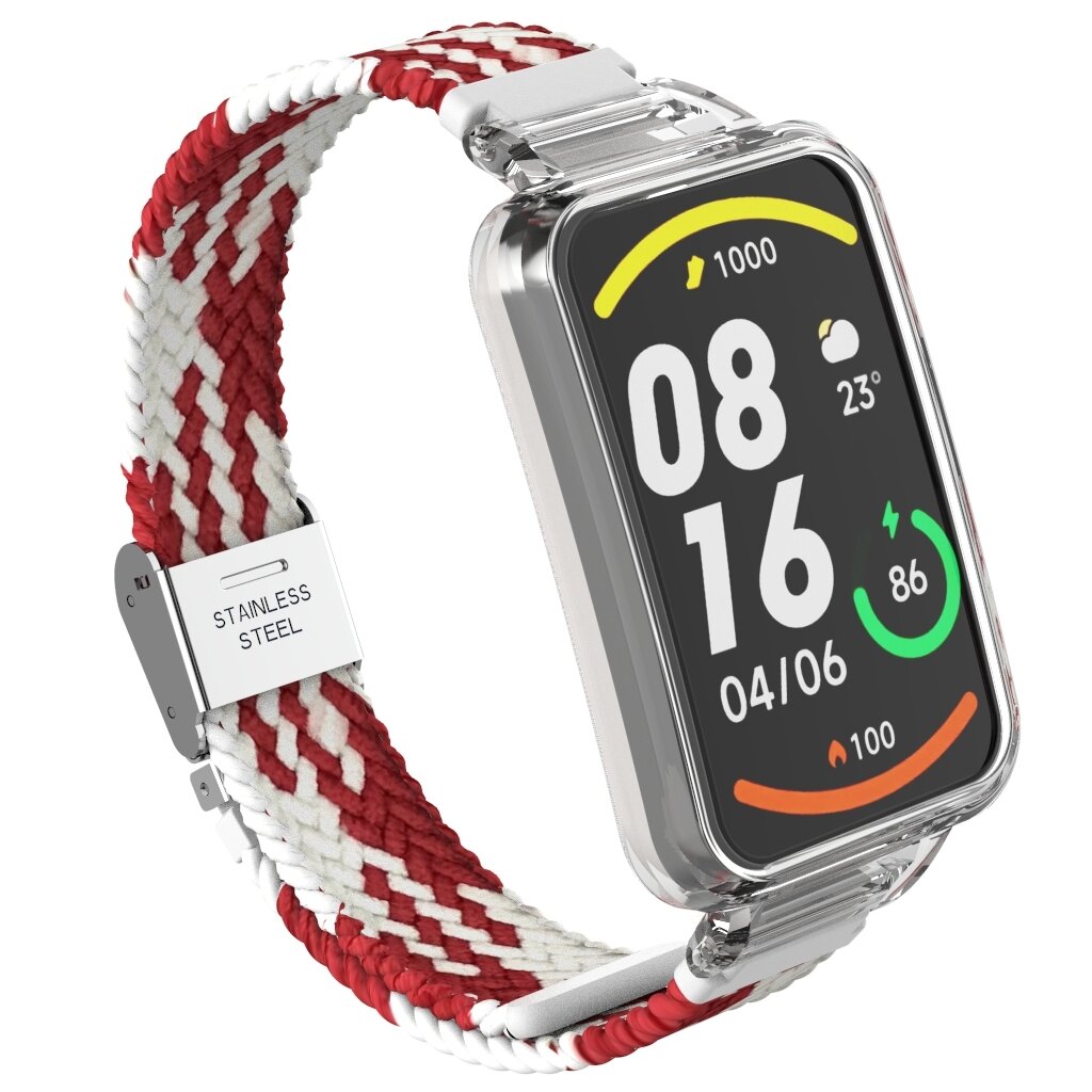 Braided nylon bandje met case - Rood met wit - Xiaomi Smart band 7 Pro