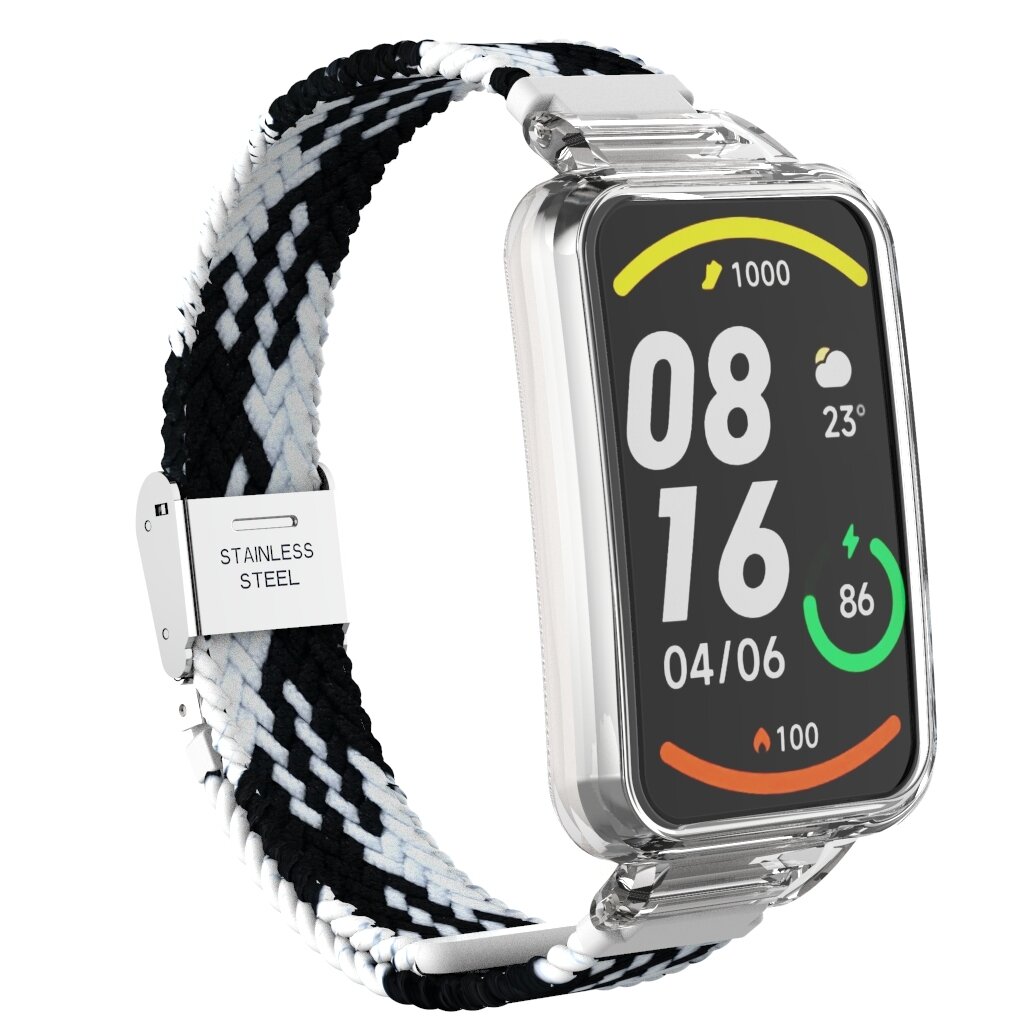 Braided nylon bandje met case - Zwart met wit - Xiaomi Smart band 7 Pro