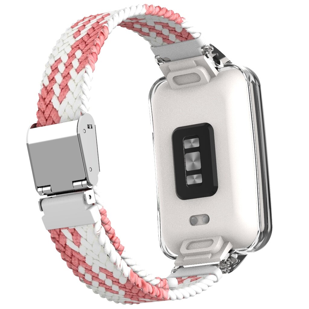 Braided nylon bandje met case - Roze met wit - Xiaomi Smart band 7 Pro