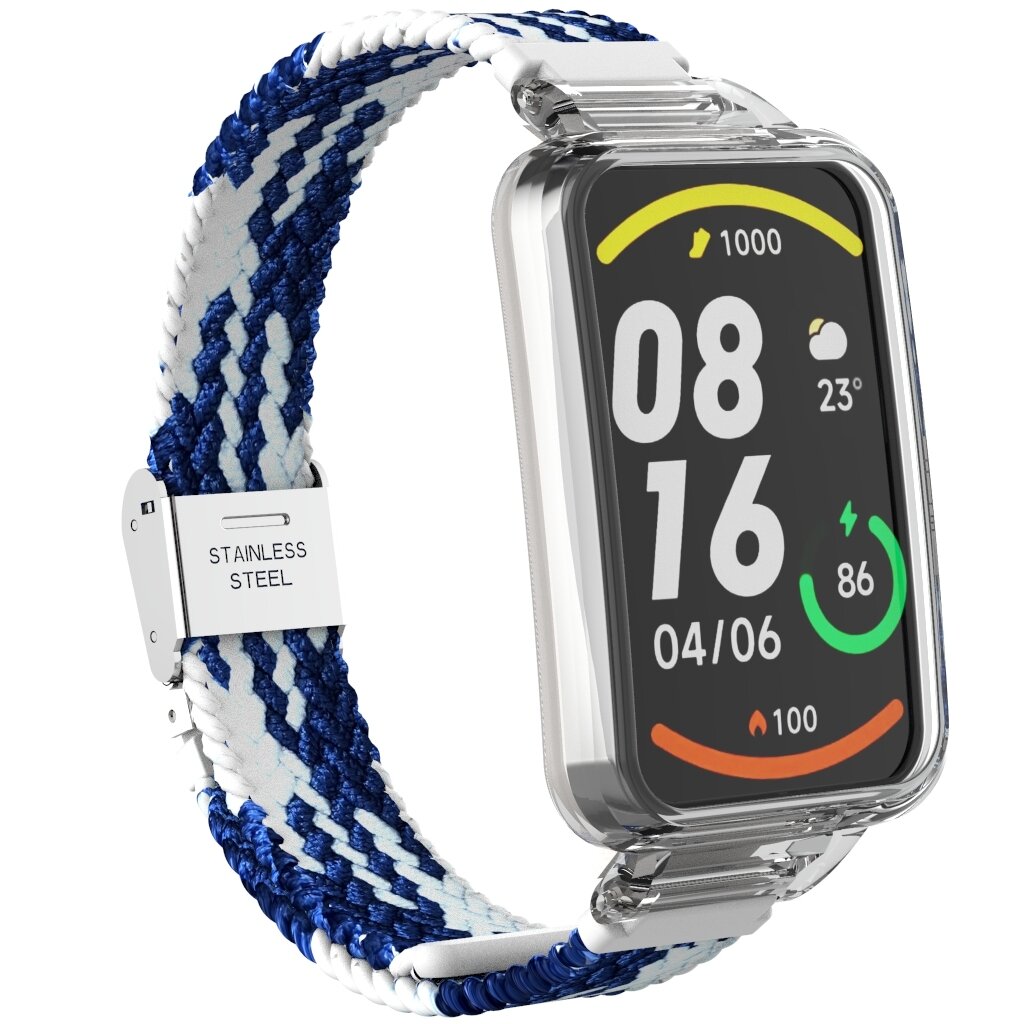 Braided nylon bandje met case - Blauw met wit - Xiaomi Smart band 7 Pro