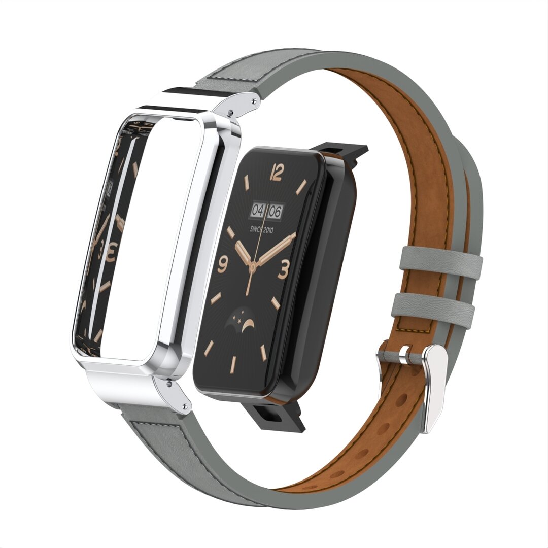 Classic leren bandje met case - Grijs - Xiaomi Smart band 7 Pro