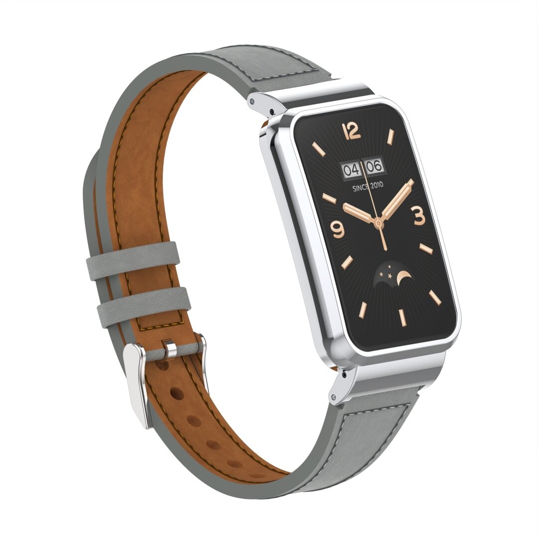 Classic leren bandje met case - Grijs - Xiaomi Smart band 7 Pro
