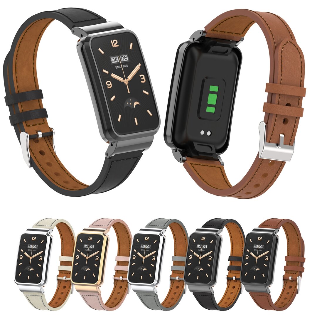 Classic leren bandje met case - Grijs - Xiaomi Smart band 7 Pro