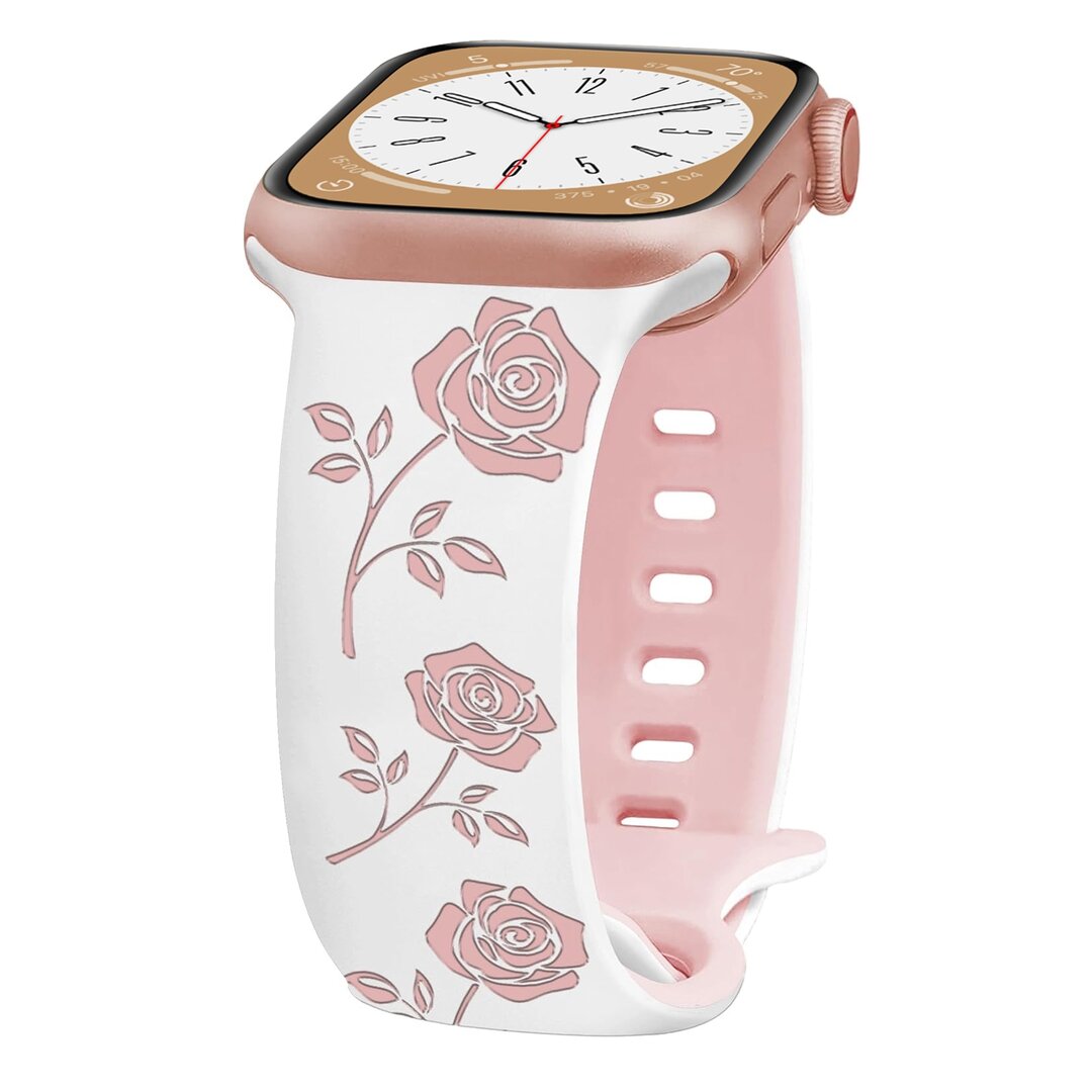 Siliconen bandje met rozen - Wit / roze  - Geschikt voor Apple Watch 44mm / 45mm&nbsp;/ 46mm / 49mm
