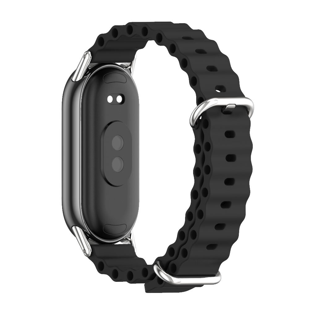 Ocean siliconen bandje - Zwart met zilveren aansluiting - Xiaomi Smart Band 8 / 9 / 10