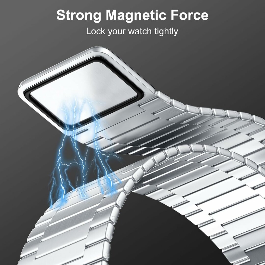 Magnetische stalen band - Zeer sterke magneet - Zilver - Geschikt voor Apple Watch 44mm / 45mm&nbsp;/ 46mm / 49mm