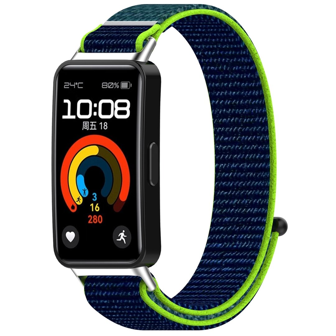 Sport loop nylon bandje - Donkerblauw met groen - Huawei Band 10 / 9 / 8
