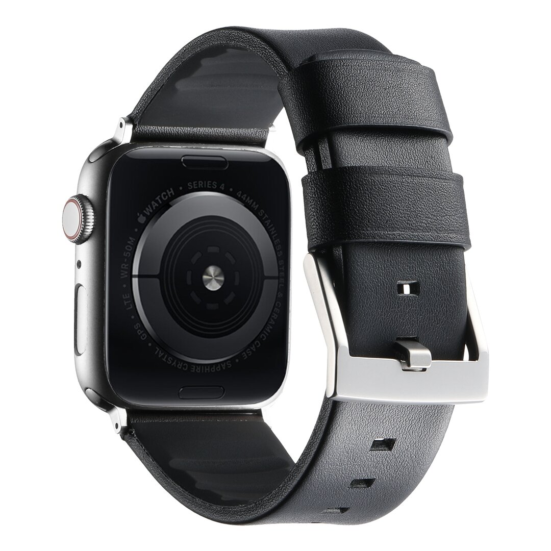 Leer + siliconen band - Zwart + zilveren aansluiting en gesp - Geschikt voor Apple Watch 44mm / 45mm&nbsp;/ 46mm / 49mm