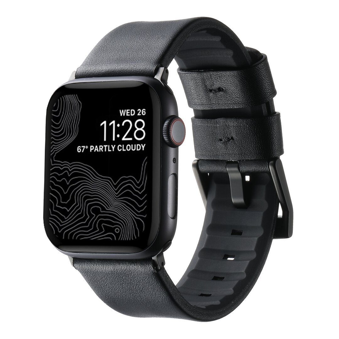 Leer + siliconen band - Zwart + zwarte aansluiting en gesp - Geschikt voor Apple Watch 44mm / 45mm&nbsp;/ 46mm / 49mm