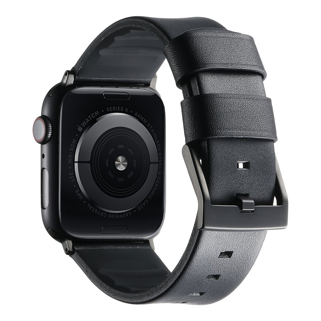 Leer + siliconen band - Zwart + zwarte aansluiting en gesp - Geschikt voor Apple Watch 44mm / 45mm&nbsp;/ 46mm / 49mm