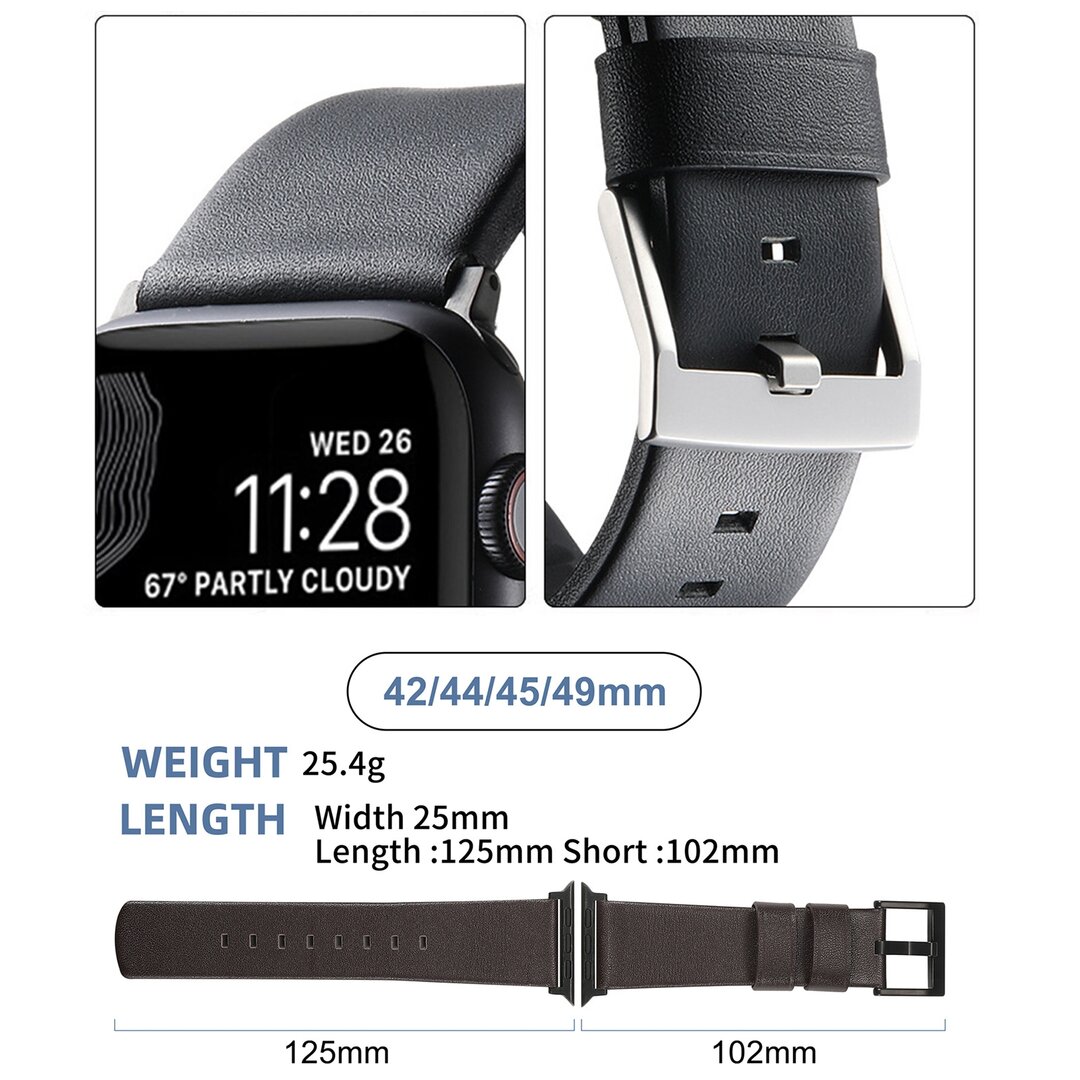 Leer + siliconen band - Zwart + zwarte aansluiting en gesp - Geschikt voor Apple Watch 44mm / 45mm&nbsp;/ 46mm / 49mm