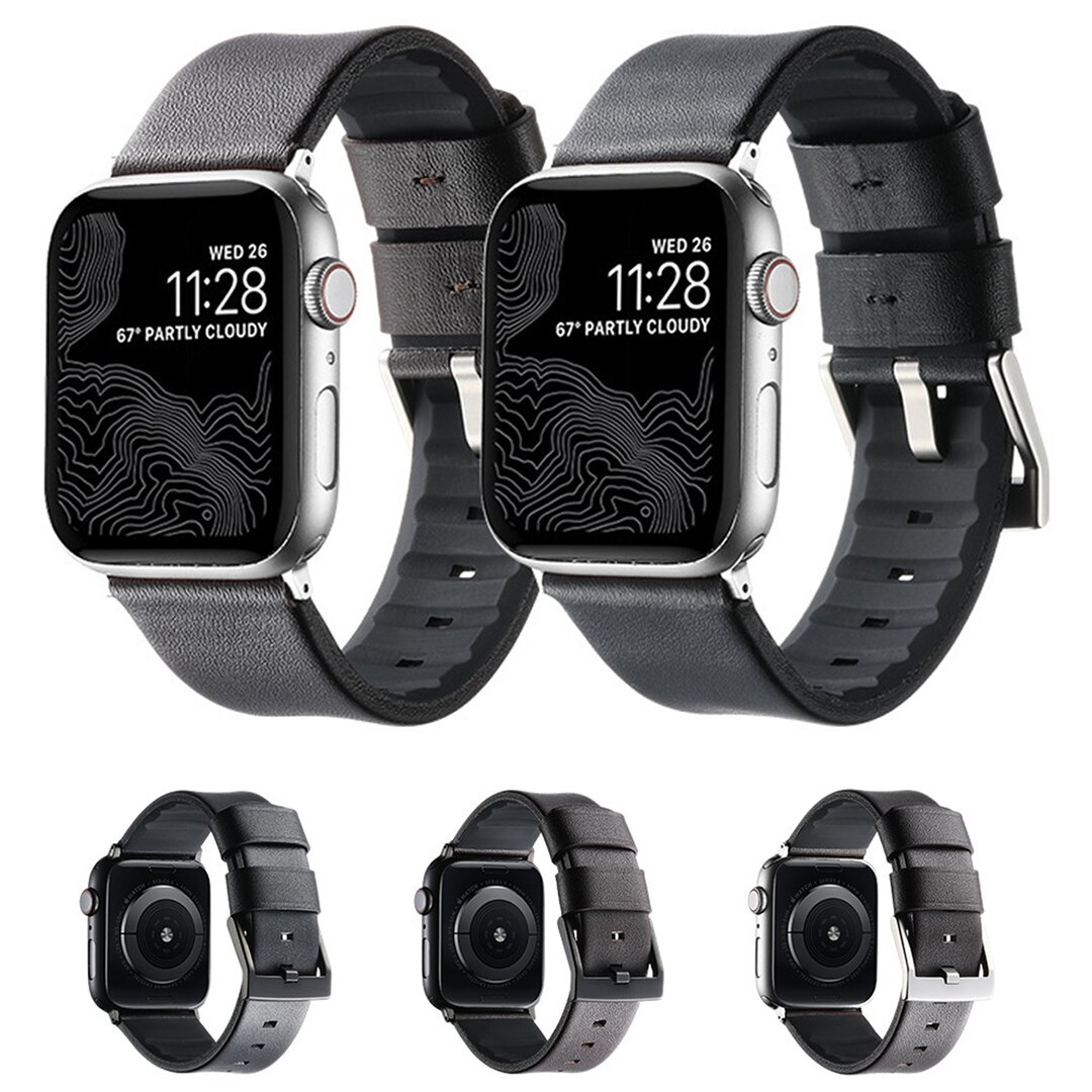 Leer + siliconen band - Zwart + zwarte aansluiting en gesp - Geschikt voor Apple Watch 44mm / 45mm&nbsp;/ 46mm / 49mm