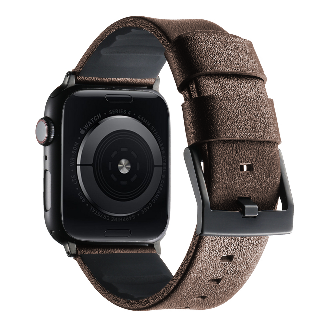 Leer + siliconen band - Bruin + zwarte aansluiting en gesp - Geschikt voor Apple Watch 44mm / 45mm&nbsp;/ 46mm / 49mm