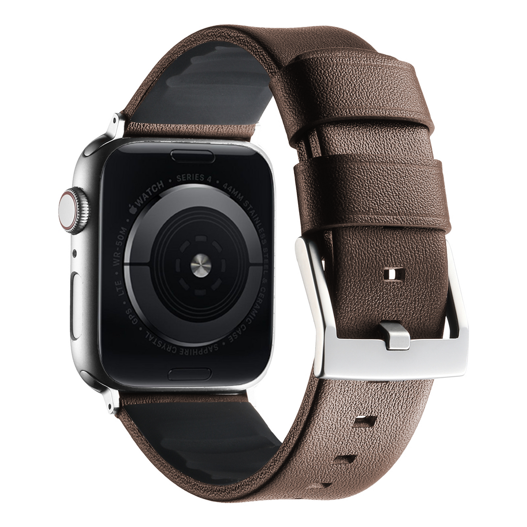 Leer + siliconen band - Bruin + zilveren aansluiting en gesp - Geschikt voor Apple Watch 44mm / 45mm&nbsp;/ 46mm / 49mm