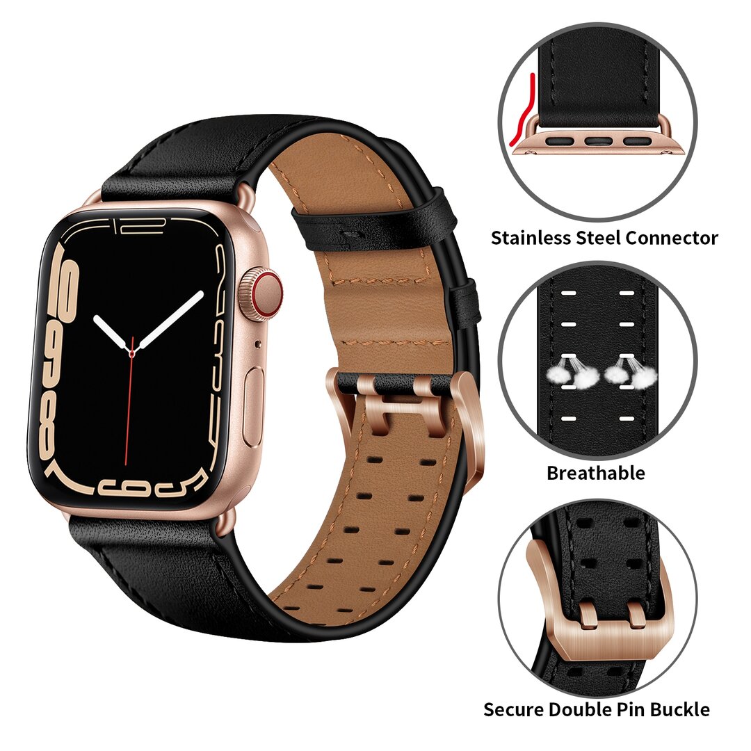 Leren band met twin gesp - Zwart met ros&eacute; gesp - Geschikt voor Apple Watch 44mm / 45mm / 46mm / 49mm