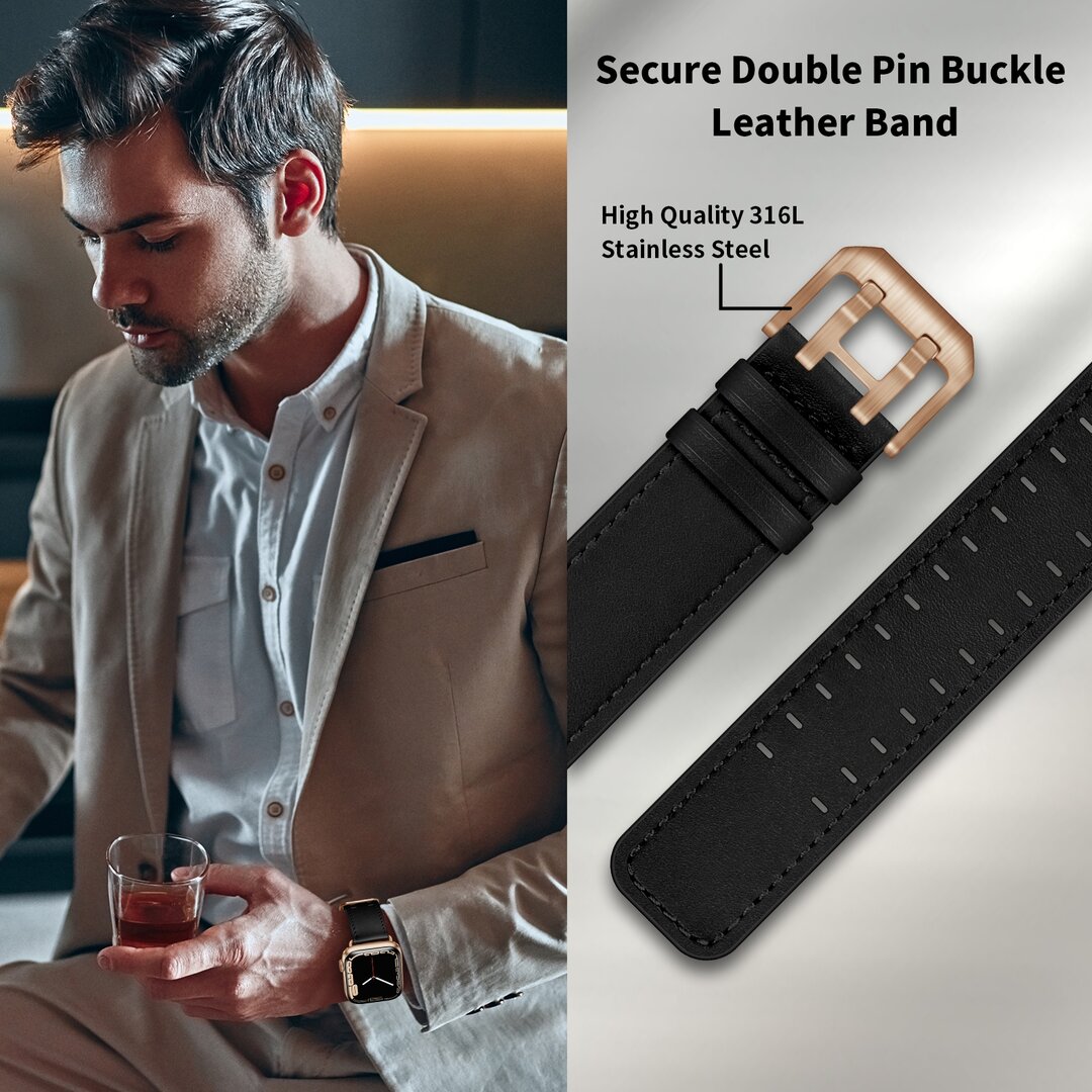 Leren band met twin gesp - Zwart met ros&eacute; gesp - Geschikt voor Apple Watch 44mm / 45mm / 46mm / 49mm