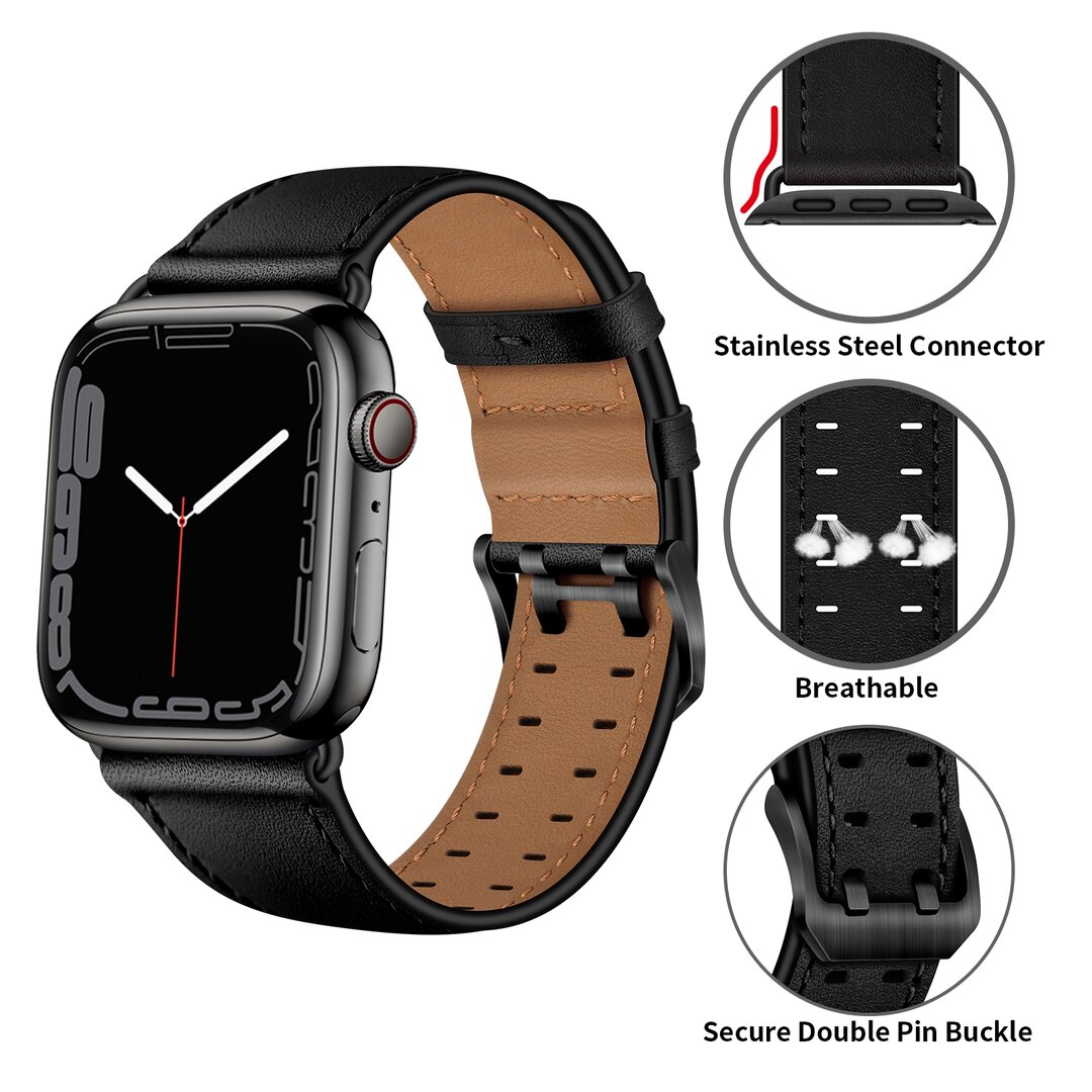Leren band met twin gesp - Zwart met zwarte gesp - Geschikt voor Apple Watch 44mm / 45mm / 46mm / 49mm