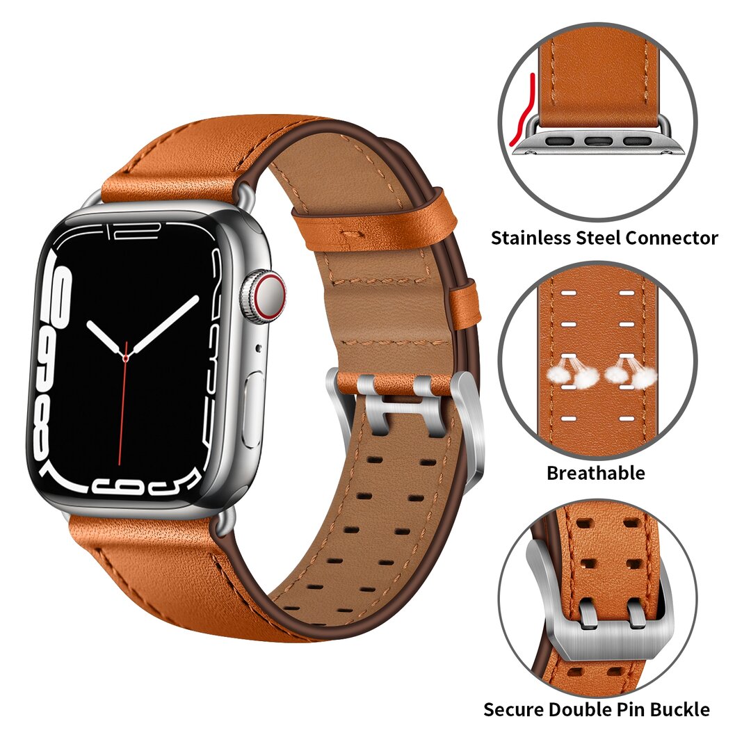 Leren band met twin gesp - Lichtbruin met zilveren gesp - Geschikt voor Apple Watch 44mm / 45mm / 46mm / 49mm