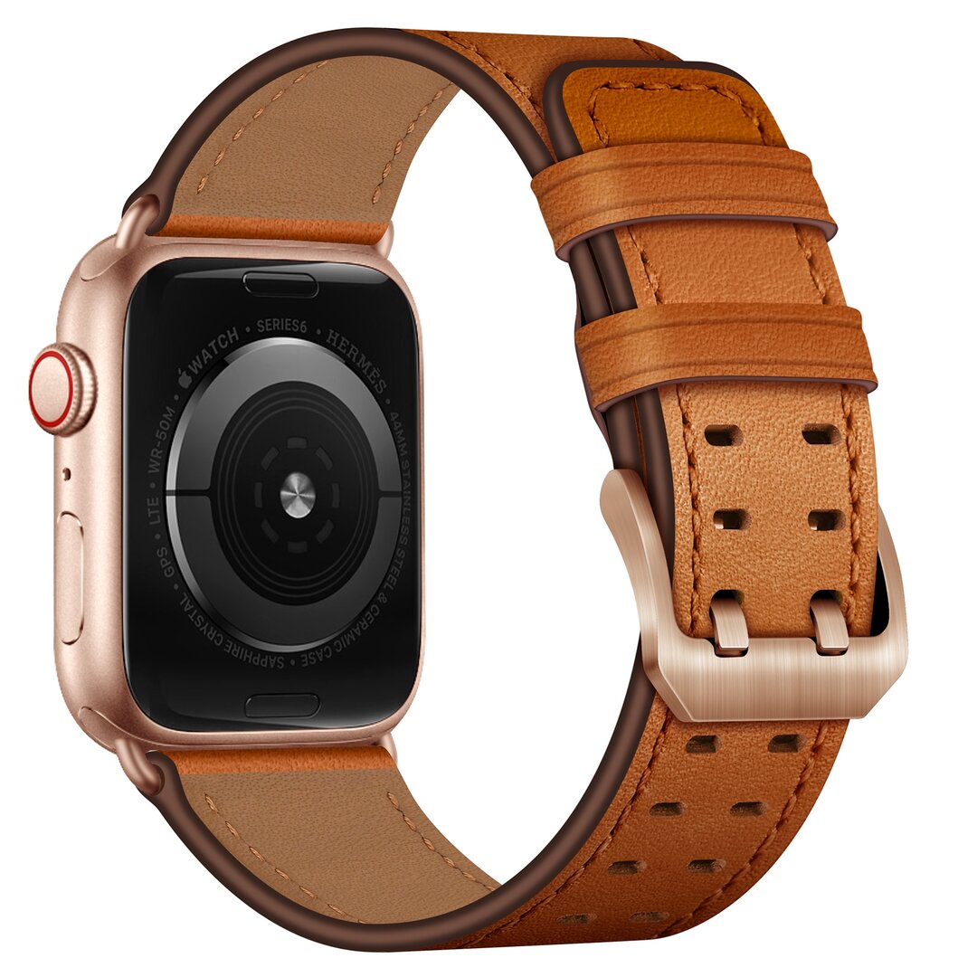 Leren band met twin gesp - Lichtbruin met ros&eacute; gesp - Geschikt voor Apple Watch 44mm / 45mm / 46mm / 49mm