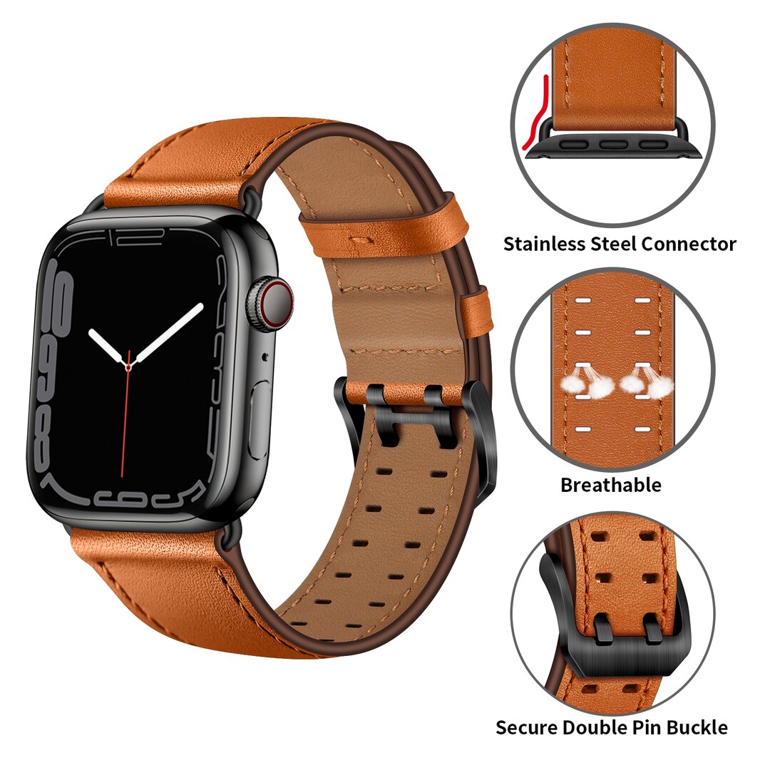 Leren band met twin gesp - Lichtbruin met zwarte gesp - Geschikt voor Apple Watch 44mm / 45mm / 46mm / 49mm