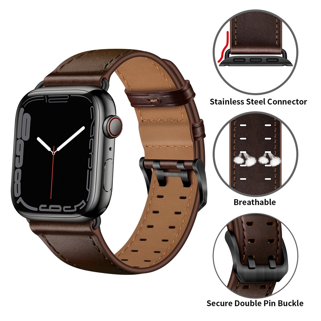 Leren band met twin gesp - Donkerbruin met zwarte gesp - Geschikt voor Apple Watch 38mm / 40mm / 41mm / 42mm