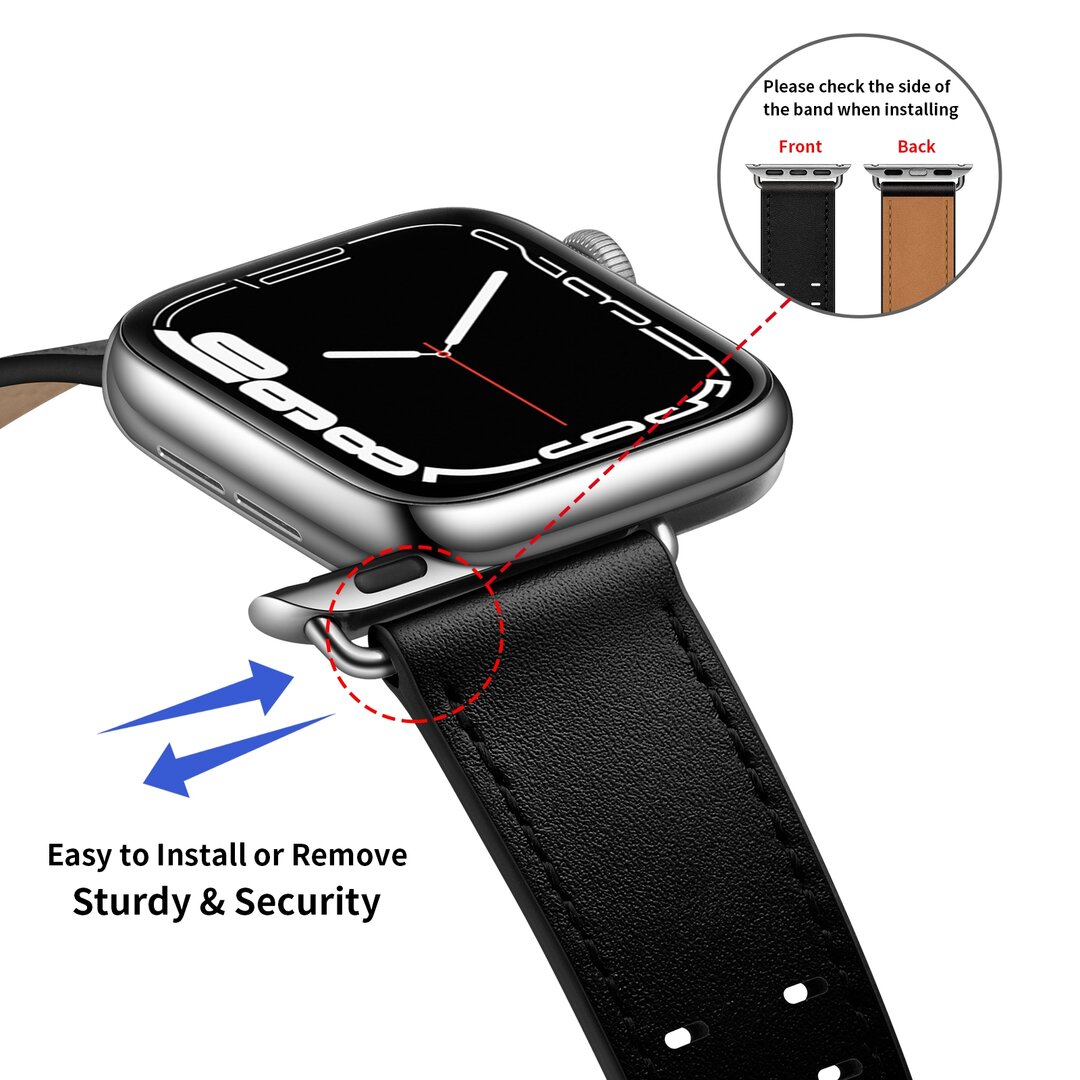 Leren band met twin gesp - Zwart met zilveren gesp - Geschikt voor Apple Watch 38mm / 40mm / 41mm / 42mm