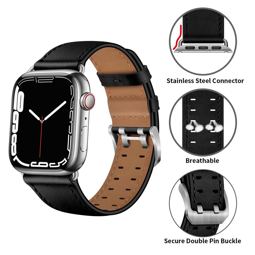 Leren band met twin gesp - Zwart met zilveren gesp - Geschikt voor Apple Watch 38mm / 40mm / 41mm / 42mm