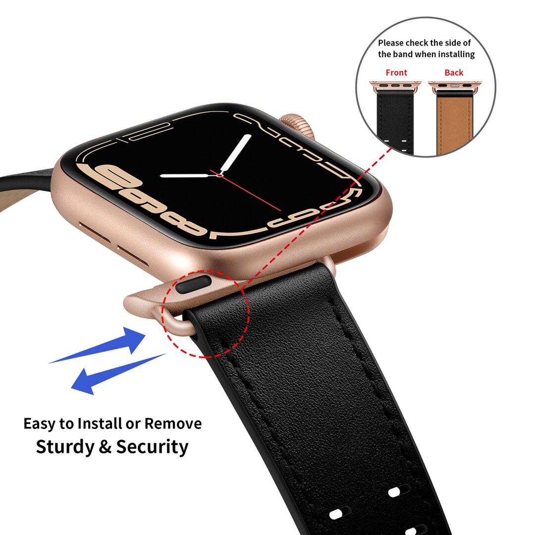 Leren band met twin gesp - Zwart met ros&eacute; gesp - Geschikt voor Apple Watch 38mm / 40mm / 41mm / 42mm