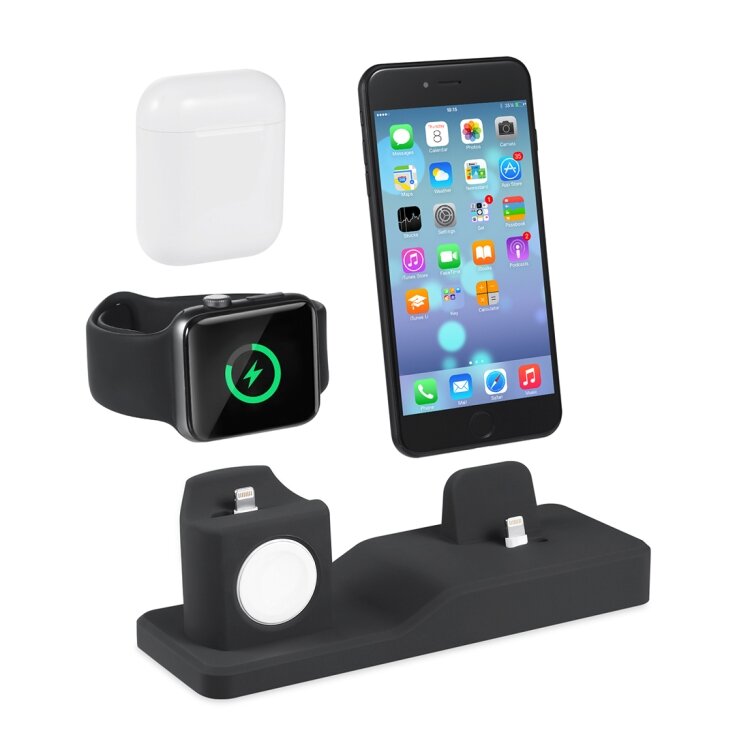 3 in 1 houder geschikt voor Apple Watch &amp; Airpods &amp; iPhone - Zwart