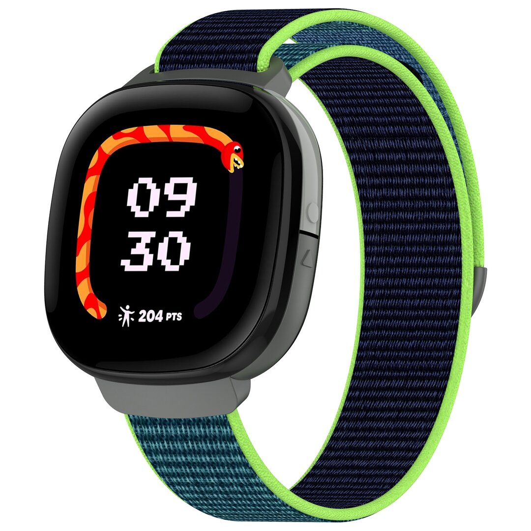 Fitbit Ace LTE - Nylon loop band met klittenbandsluiting - Donkerblauw met lime groen